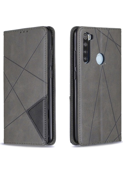 Geometrik Desen Standı Deri Kart Tutucu Xiaomi Redmi Note 8-Grey Için (Yurt Dışından)