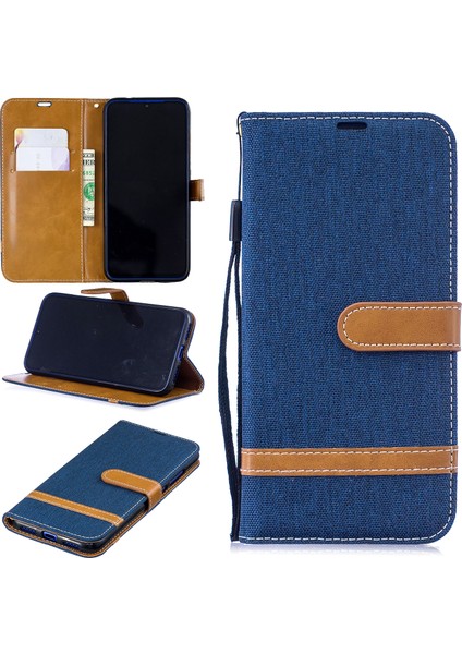 Xiaomi Redmi Için Iki Tonlu Jean Bez Pu Deri Deri Flip Kılıf Not 7s /not 7 /redmi Note 7 Pro (Hindistan) -Dark Blue (Yurt Dışından)