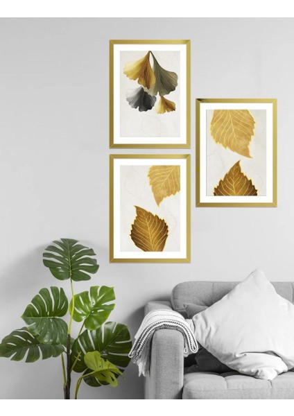 Gold Rengi Aynalı Pleksi Çerçeveli Yapraklar Mdf Üzeri Uv Baskı Tablo