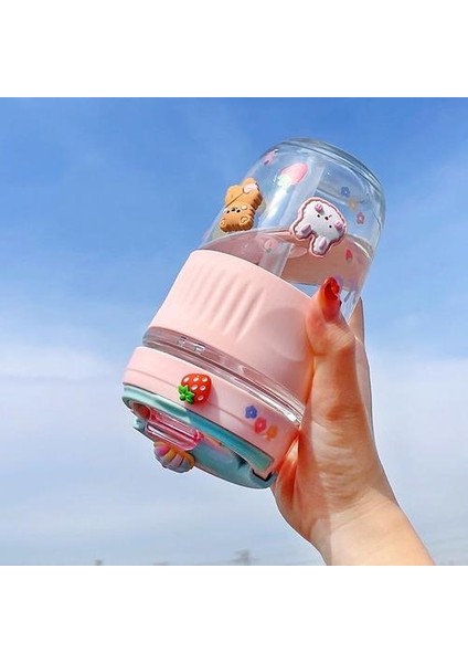 500 Ml. Dondurma Renkli Cam Şişe Sevimli Portatif Su Bardağı Saman (Yurt Dışından)