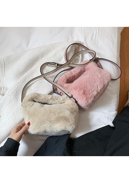 Yumuşak Kabarık Faux Kürk Çanta Peluş Tote Günlük Fermuar Kare Seyahat Sokak Crossbody Çanta (Yurt Dışından) modelleri