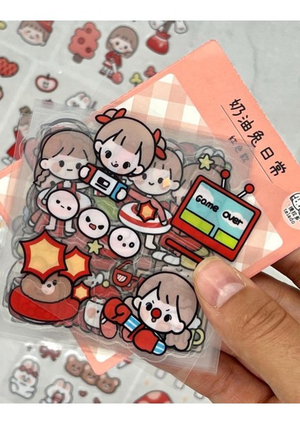 Sevimli Kız ve Arkadaşları Kırmızı Şeffaf Pet Sticker Set / Çıkartma / Su Geçirmez / Bullet Journal