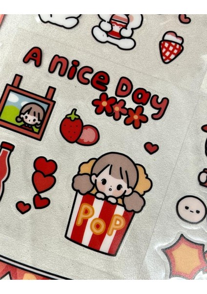 Sevimli Kız ve Arkadaşları Kırmızı Şeffaf Pet Sticker Set / Çıkartma / Su Geçirmez / Bullet Journal
