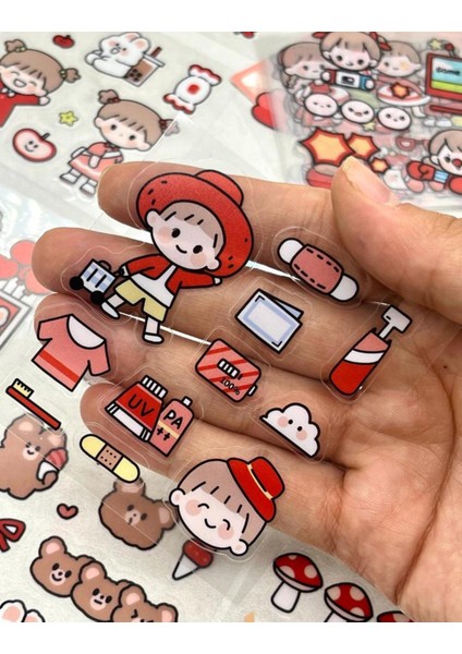 Sevimli Kız ve Arkadaşları Kırmızı Şeffaf Pet Sticker Set / Çıkartma / Su Geçirmez / Bullet Journal