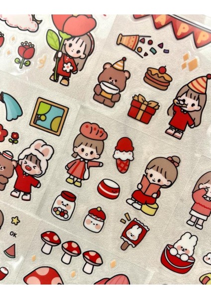 Sevimli Kız ve Arkadaşları Kırmızı Şeffaf Pet Sticker Set / Çıkartma / Su Geçirmez / Bullet Journal