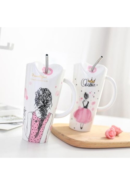 Sevimli Kız Seramik Kupası 450 ml Porselen Kahve Kupa ile Saman Bayan Ev Süt Çay Suyu Bardakları Doğum Günü Hediyesi | Kupalar (Pembe) (Yurt Dışından) indirimleri