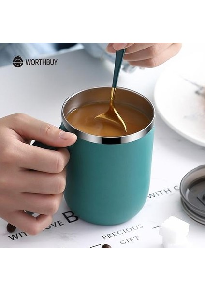Kahve Kupa 304 Paslanmaz Çelik Çift Katmanlı Sızdırmaz Süt Kahve Fincanı Kapaklı Mutfak Drinkware Kahvaltı Çay Kupa | Kupalar (Yeşil) (Yurt Dışından)