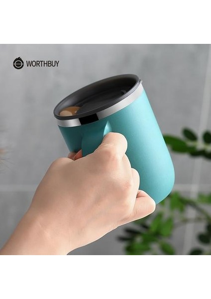 Kahve Kupa 304 Paslanmaz Çelik Çift Katmanlı Sızdırmaz Süt Kahve Fincanı Kapaklı Mutfak Drinkware Kahvaltı Çay Kupa | Kupalar (Yeşil) (Yurt Dışından)