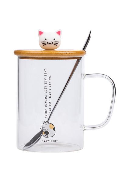 450ML Sevimli Kedi Cam Kupa Kaşık ve Kapak Kahve ile Kupalar Kolu ile Süt Kahvaltı Bardakları Drinkware Güzel Hediyeler | Kupalar (Beyaz) (Yurt Dışından)