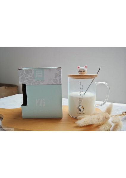 450ML Sevimli Kedi Cam Kupa Kaşık ve Kapak Kahve ile Kupalar Kolu ile Süt Kahvaltı Bardakları Drinkware Güzel Hediyeler | Kupalar (Beyaz) (Yurt Dışından) indirimleri