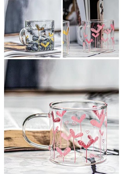 Cam Basit Kız Kalp Kalp Şeklinde Kupası Desen Yüksek Bor Silikon Isıya Dayanıklı Kolu Cam Suyu Kupası Kahve Kupa | Kupalar (Pembe) (Yurt Dışından)