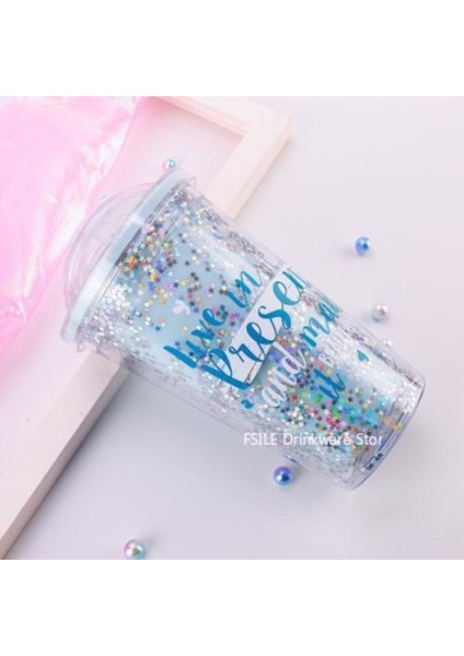 Kahve Kupaları Yaratıcı Pullu Yıldız Bpa Ücretsiz Plastik Su Şişesi ile Straw Seyahat Taşınabilir Çay Süt Yalıtımlı Kupası Drinkware 420ML | Kupalar (Mavi) (Yurt Dışından)