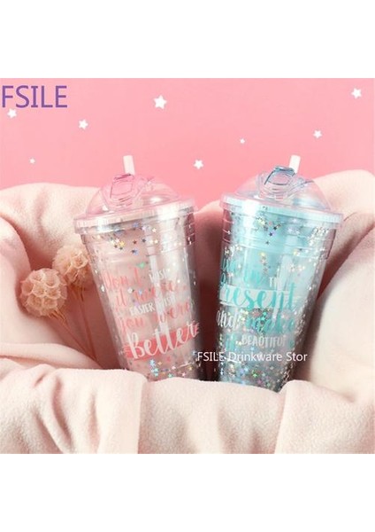 Kahve Kupaları Yaratıcı Pullu Yıldız Bpa Ücretsiz Plastik Su Şişesi ile Straw Seyahat Taşınabilir Çay Süt Yalıtımlı Kupası Drinkware 420ML | Kupalar (Mavi) (Yurt Dışından)