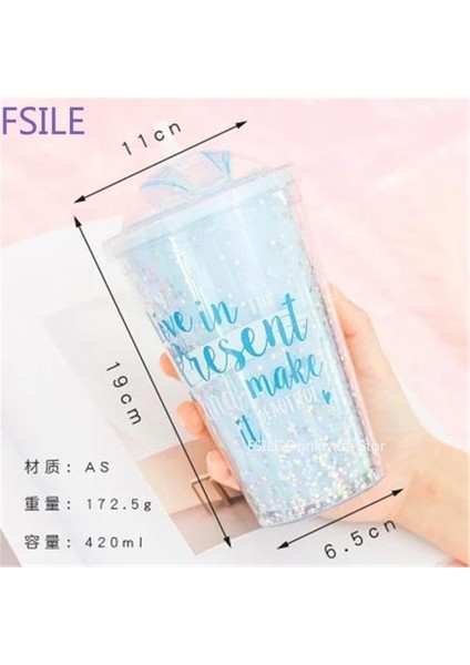 Kahve Kupaları Yaratıcı Pullu Yıldız Bpa Ücretsiz Plastik Su Şişesi ile Straw Seyahat Taşınabilir Çay Süt Yalıtımlı Kupası Drinkware 420ML | Kupalar (Mavi) (Yurt Dışından)