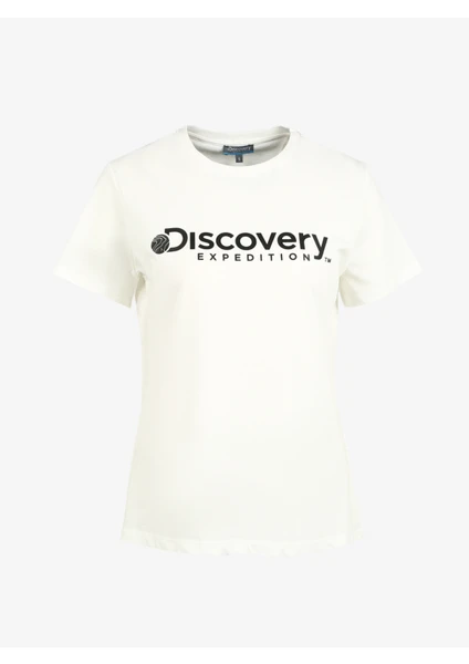 Discovery Expedition Beyaz Kadın Bisiklet Yaka Baskılı T-Shirt D3WL-TST1