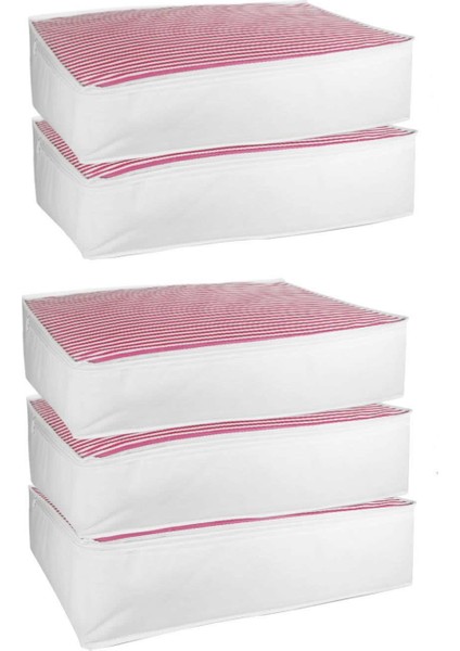 5'li Set Baza Altı Düzenleyici Büyük Boy Hurç Pembe Çizgili 70X50X25 cm