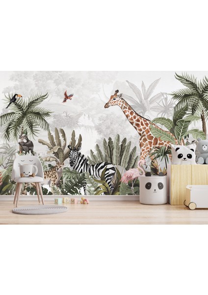 Afrika Safari Çocuk Odası Duvar Kağıdı, Sevimli Orman Hayvanları Duvar Resmi