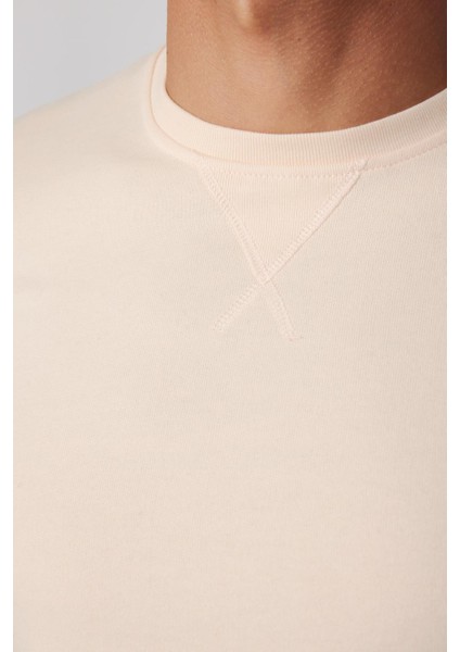 Pamuk Bisiklet Yaka Basic Ekru Sweatshirt