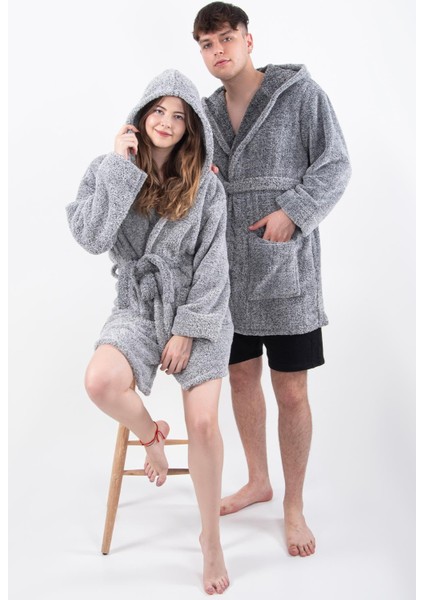 Plain Unisex Sabahlık Bornoz Wellsoft Peluş Kapşunlu Erkek Kadın Sabahlık