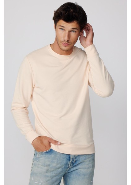 Pamuk Bisiklet Yaka Basic Ekru Sweatshirt