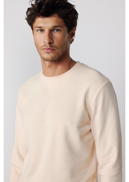 Pamuk Bisiklet Yaka Basic Ekru Sweatshirt