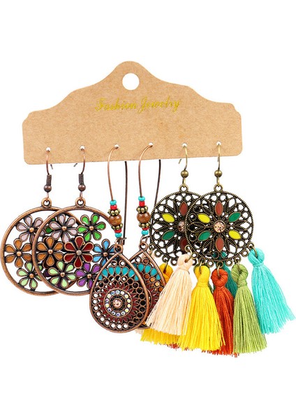 20908-18 Vintage Büyük Yuvarlak Renkli Boncuklu Küpe Seti Kadınlar Için Etnik Boho Püskül Tüy Uzun Dreamcatcher Damla Küpe Takı (Yurt Dışından)