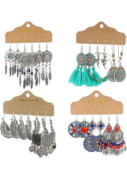 21020-1 Vintage Büyük Yuvarlak Renkli Boncuklu Küpe Seti Kadınlar Için Etnik Boho Püskül Tüy Uzun Dreamcatcher Damla Küpe Takı (Yurt Dışından)