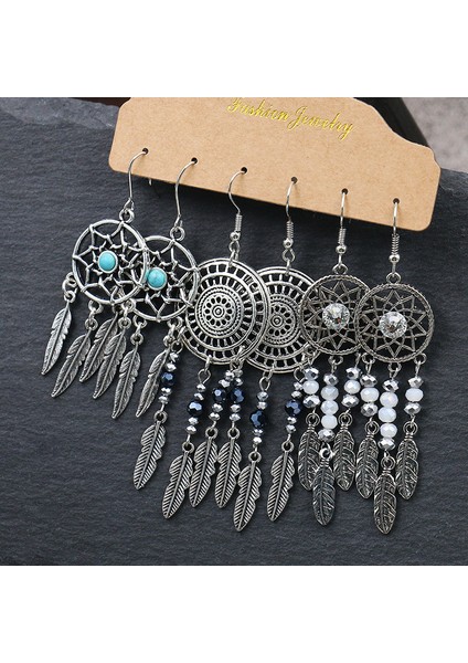 21020-1 Vintage Büyük Yuvarlak Renkli Boncuklu Küpe Seti Kadınlar Için Etnik Boho Püskül Tüy Uzun Dreamcatcher Damla Küpe Takı (Yurt Dışından)