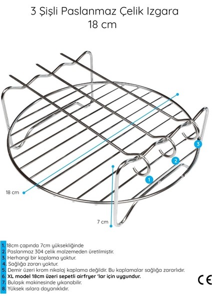 Airfryer Şiş Izgarası Xiaomi 3.5 Lt ve Philips 4.1 Lt Uyumlu Hava Fritözü Şiş Izgarası 18 cm fiyatları