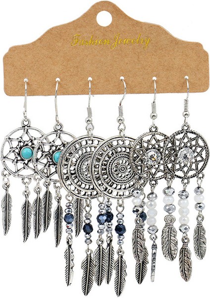 20908-6 Vintage Büyük Yuvarlak Renkli Boncuklu Küpe Seti Kadınlar Için Etnik Boho Püskül Tüy Uzun Dreamcatcher Damla Küpe Takı (Yurt Dışından)