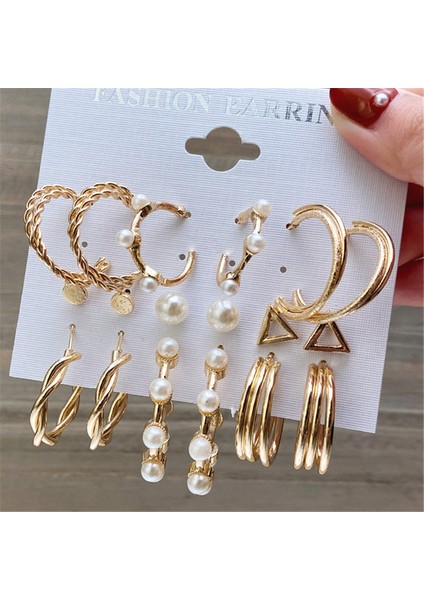 64409 Altın Rengi Inci Hoop Küpe Seti Metal Dangle Küpe Vintage Daire Geometrik Büküm Kadın Kızlar Için Trendy Takı Hediyeler (Yurt Dışından)