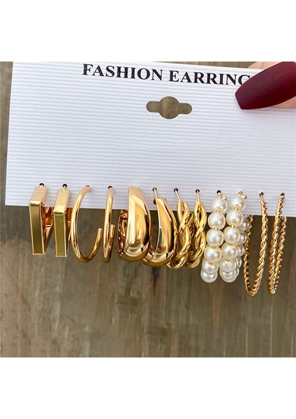 64409 Altın Rengi Inci Hoop Küpe Seti Metal Dangle Küpe Vintage Daire Geometrik Büküm Kadın Kızlar Için Trendy Takı Hediyeler (Yurt Dışından) modelleri
