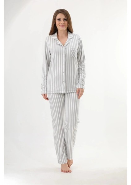 Yakalı Önden Düğmeli %70 Bambu %30 Pamuk Uzun Kollu Kadın Pijama Takım 73152