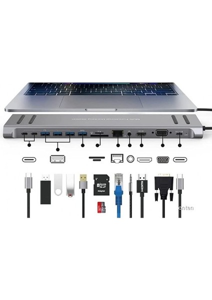 MST14-U 14in1 Type-C To 4*usb 3.0 4K Hdmı RJ45 Ethernet Kart Okuyucu Aux Pd Hub Çevirici Adaptör