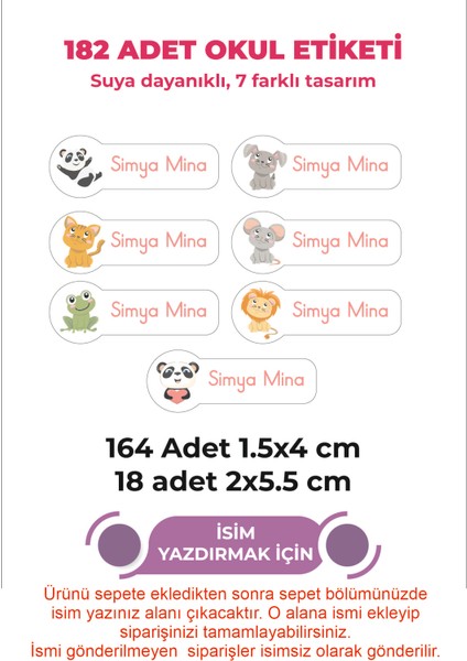 Kişiye Özel 7 Farklı Sevimli Hayvan Temalı 182 Parça Okul Isim Etiketi-Sticker