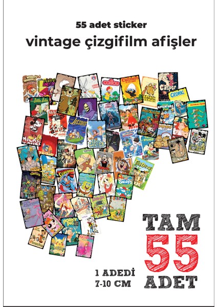 Vıntage Çizgi Film Etiket 55 Adet Yüksek Kalite Pvc Sticker