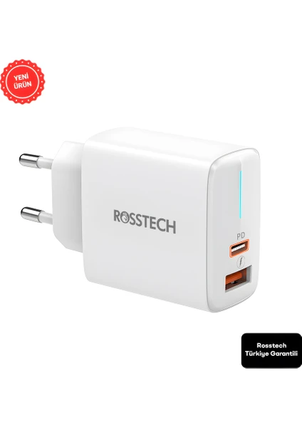 20W Pd LED Göstergeli Ultra Hızlı Şarj Adaptörü Usb-C Pd 20W + Usb-A Quick Charge 3.0 Dual Port (Rosstech Türkiye Garantili)