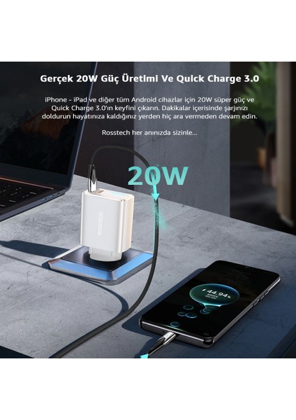 20W Pd LED Göstergeli Ultra Hızlı Şarj Adaptörü Usb-C Pd 20W + Usb-A Quick Charge 3.0 Dual Port (Rosstech Türkiye Garantili)