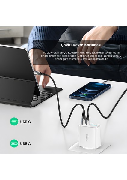 20W Pd LED Göstergeli Ultra Hızlı Şarj Adaptörü Usb-C Pd 20W + Usb-A Quick Charge 3.0 Dual Port (Rosstech Türkiye Garantili)