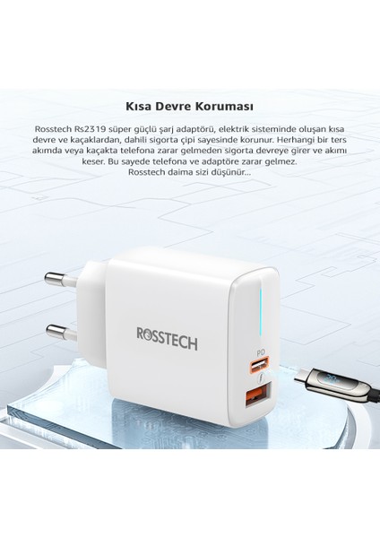 20W Pd LED Göstergeli Ultra Hızlı Şarj Adaptörü Usb-C Pd 20W + Usb-A Quick Charge 3.0 Dual Port (Rosstech Türkiye Garantili)