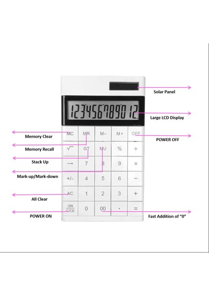 12 Basamaklı Güneş Enerjili Masaüstü Hesap Makinesi Slim Tasarım Beyaz