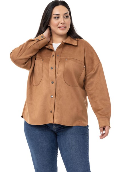 Büyük Beden Çıtçıt Kapamalı Torba Cepli Süet Tarçın Gömlek