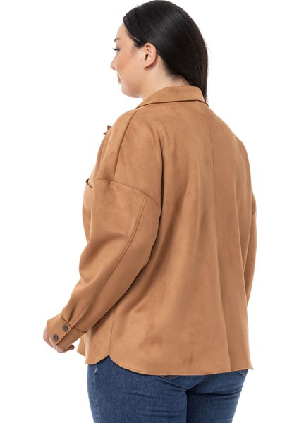 Büyük Beden Çıtçıt Kapamalı Torba Cepli Süet Tarçın Gömlek modelleri