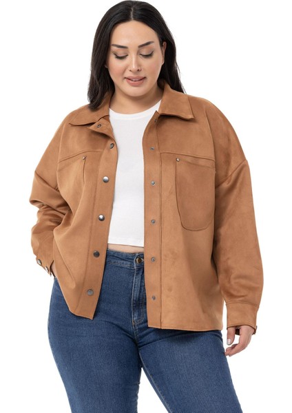 Büyük Beden Çıtçıt Kapamalı Torba Cepli Süet Tarçın Gömlek indirimleri