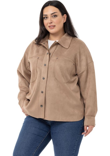 Büyük Beden Çıtçıt Kapamalı Torba Cepli Süet Vizon Gömlek indirimleri