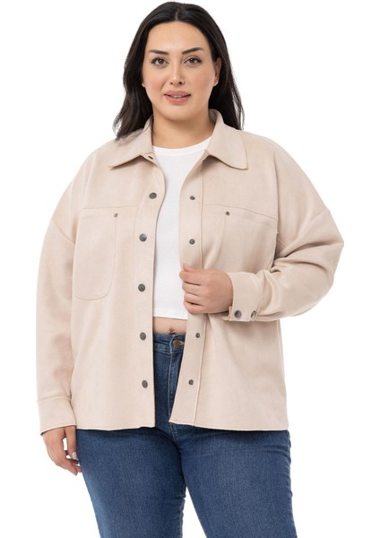 Büyük Beden Çıtçıt Kapamalı Torba Cepli Süet Bej Rengi Gömlek