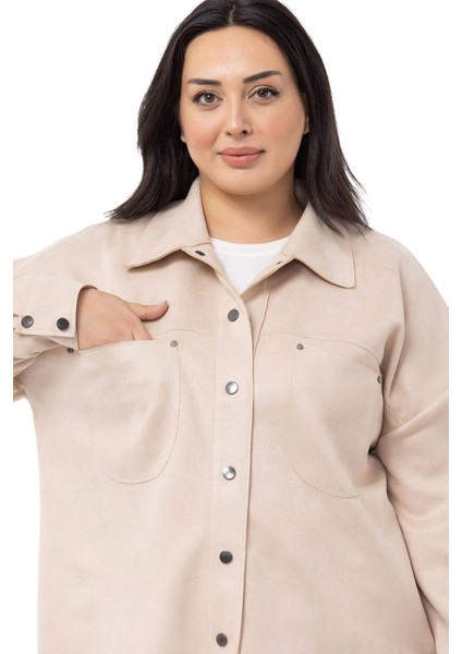 Büyük Beden Çıtçıt Kapamalı Torba Cepli Süet Bej Rengi Gömlek fırsatları