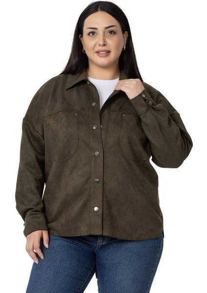 Büyük Beden Çıtçıt Kapamalı Torba Cepli Süet Haki Gömlek