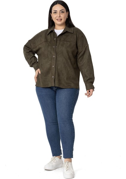 Büyük Beden Çıtçıt Kapamalı Torba Cepli Süet Haki Gömlek fiyatları