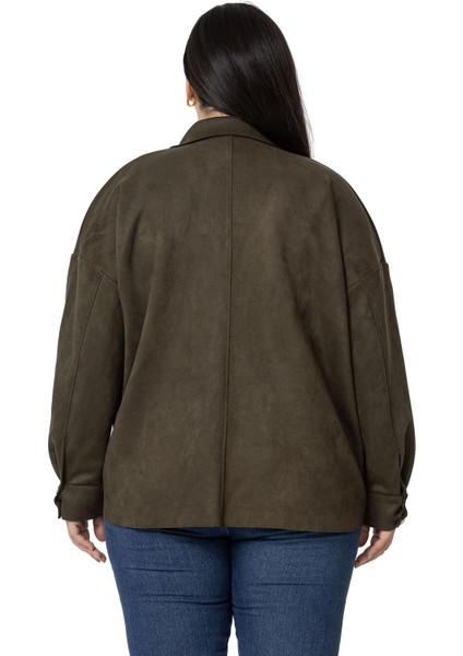 Büyük Beden Çıtçıt Kapamalı Torba Cepli Süet Haki Gömlek modelleri